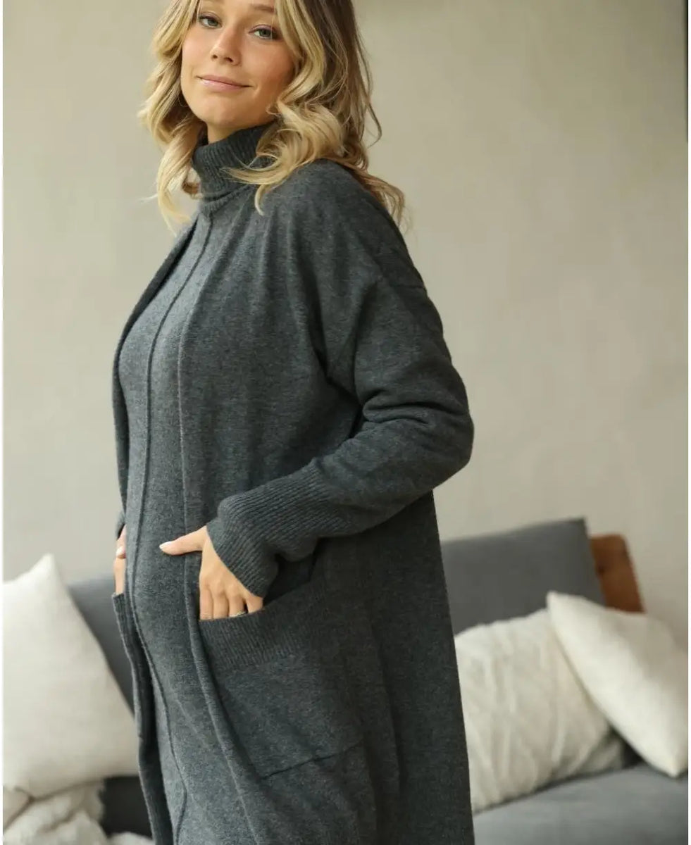 Long cashmere maternity cardigan Laurie anthracite | Cache Coeur