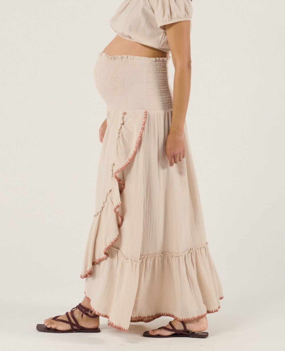 2-in-1 maternity dress skirt Laila Beige – Organic Cotton Smocked Embroidery
