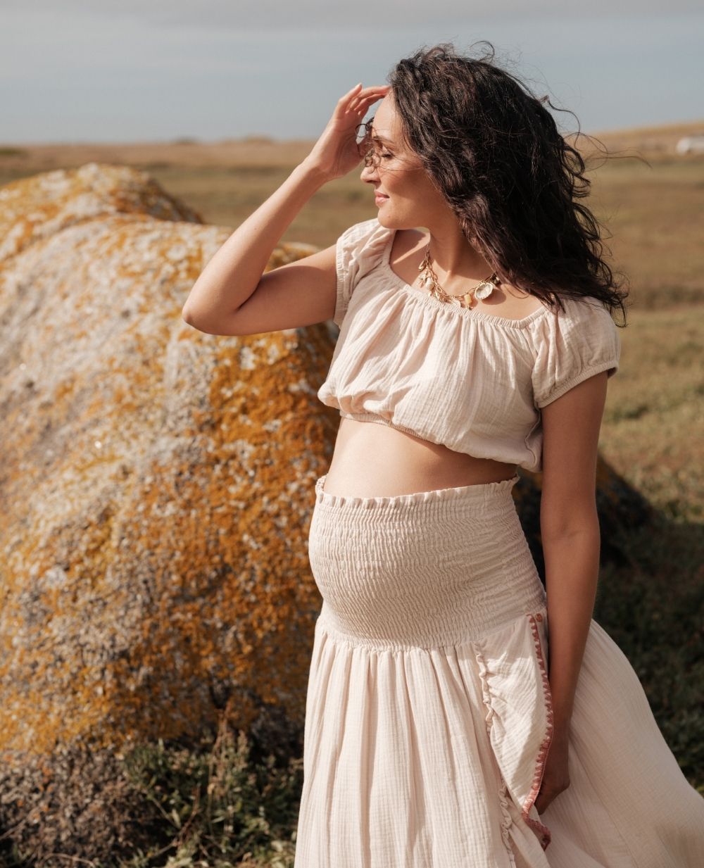 2-in-1 maternity dress skirt Laila Beige Organic Cotton Smocked Embroidery | Cache Cur M/L 2-in-1 maternity dress skirt Laila Beige Organic Cotton Smocked Embroidery | Cache Cur M/L