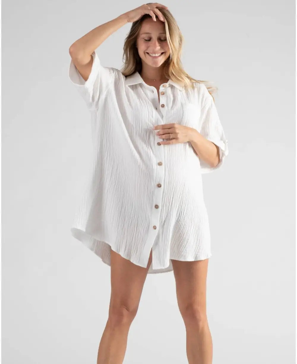 White TENCEL Maternity Buttondown Shirt with Nursing Access – MARION  Maternity