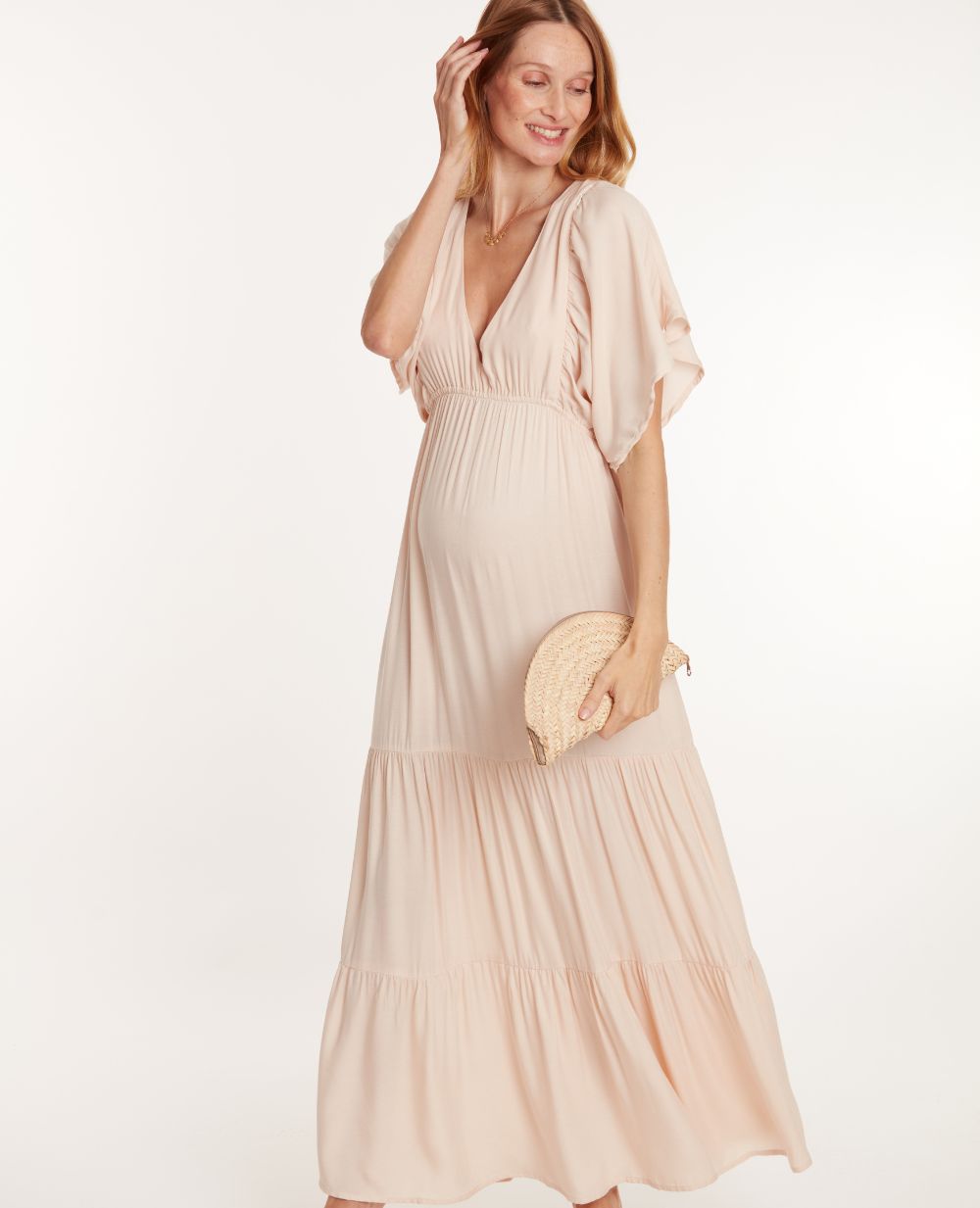 beige maternity maxi dress Momyknows Beige 2 Piece Smocked Ruffle Backless Flowy Elegant Vacation Beach Photoshoot Maternity Maxi Dress, Beige / S