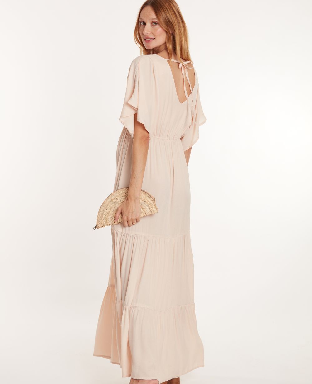 beige maternity maxi dress Momyknows Chic Beige Off Shoulder Side Slit A-Line Polka Dot Grenadine Vacation Maternity Maxi Dress, Beige / 2XL